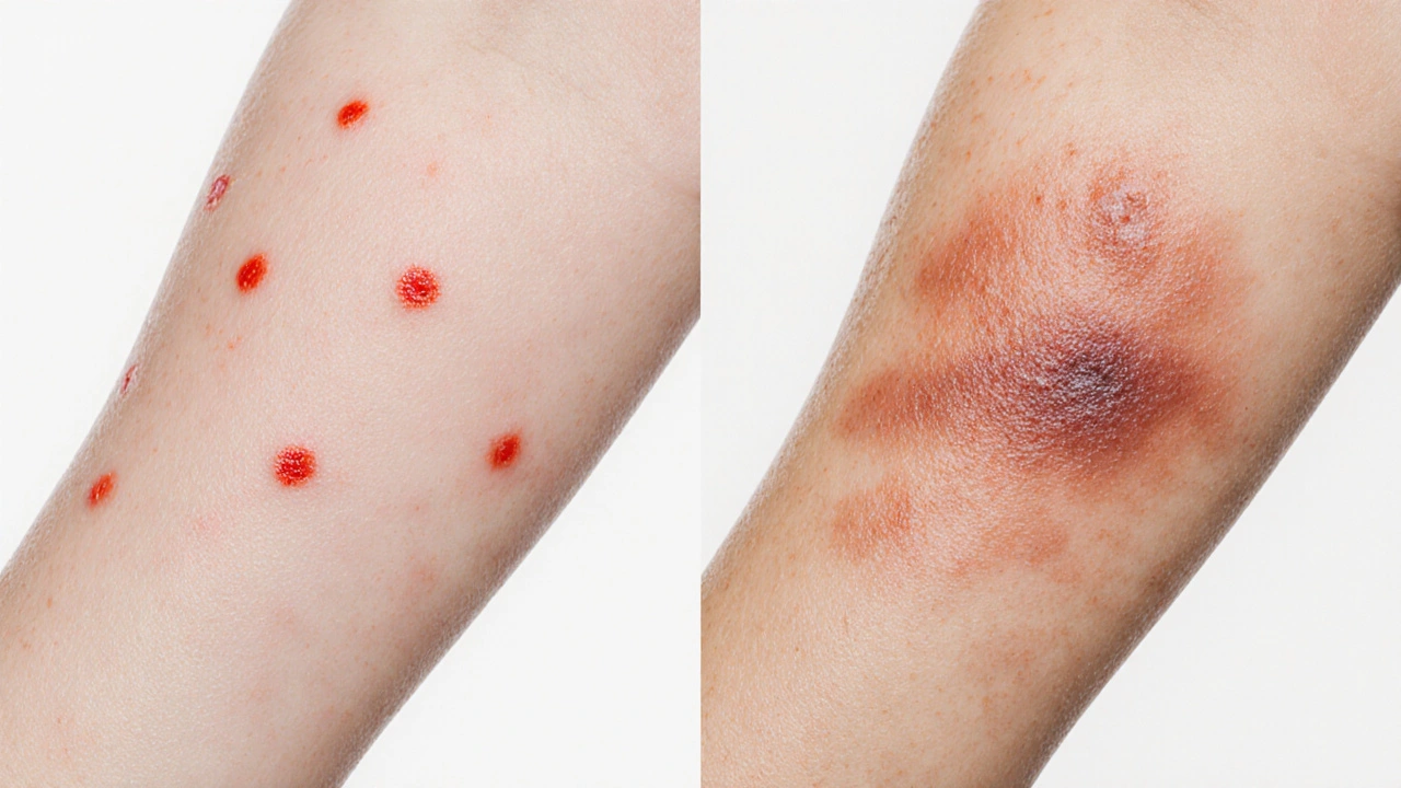 Porovnání vyrážky z zarděnek a spalniček na kůži.