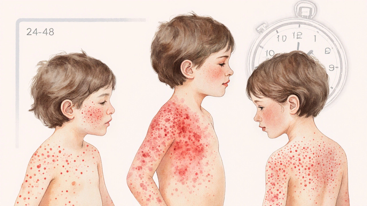 Postupné šíření vyrážky z zarděnek po těle dítěte.