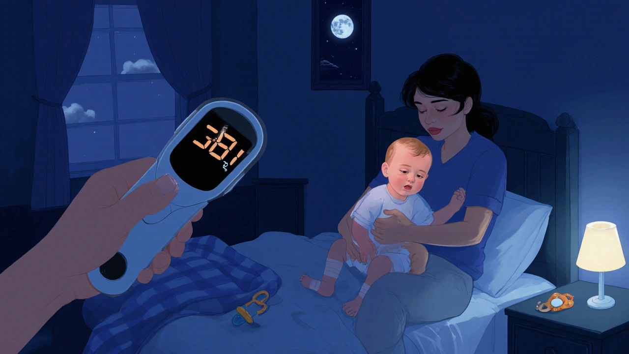 Rodič drží nemocné dítě v noci, teploměr ukazuje 38,1 °C v tichém pokoji.