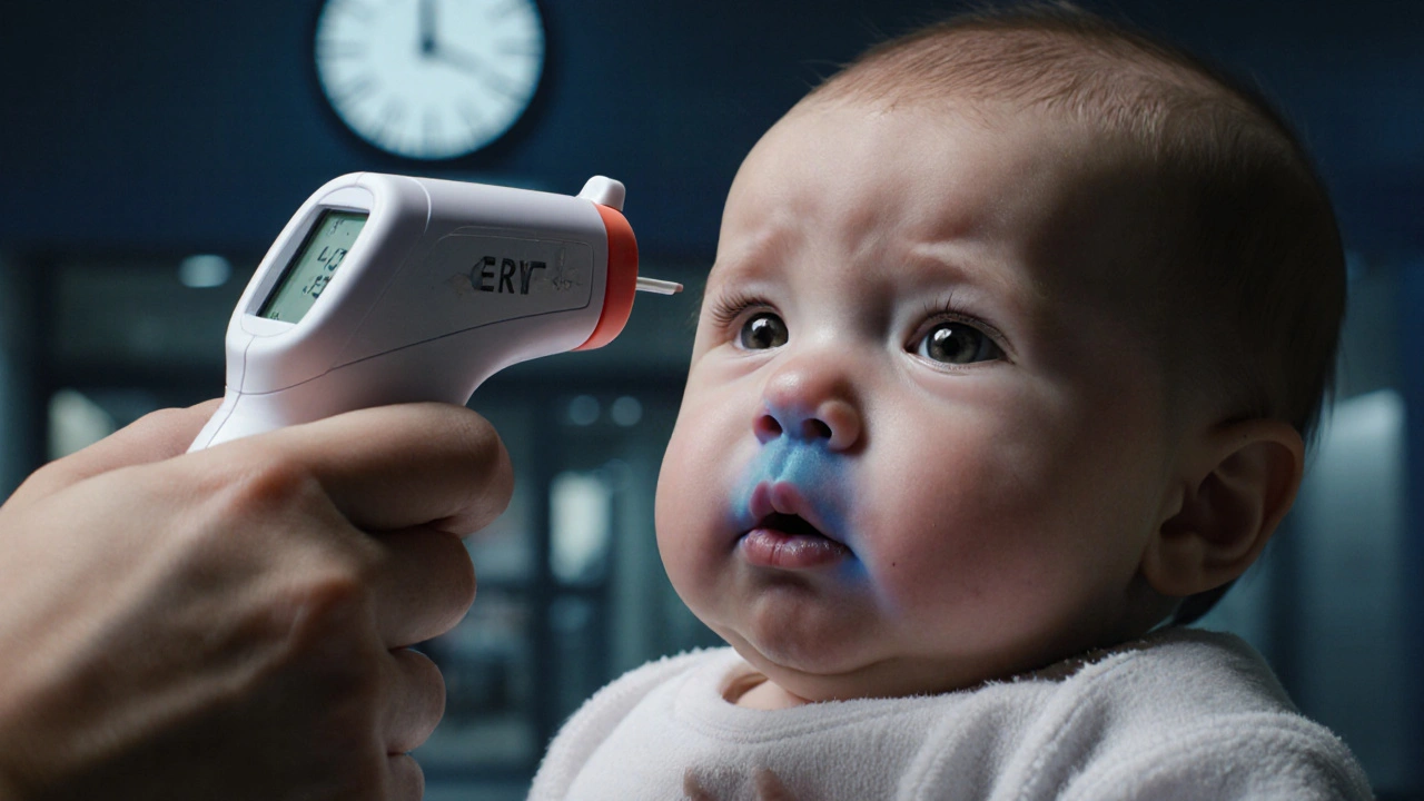 Rodič měří teplotu novorozenci v noci, zářivá pokožka a mírně modré rty naznačují nouzový stav.