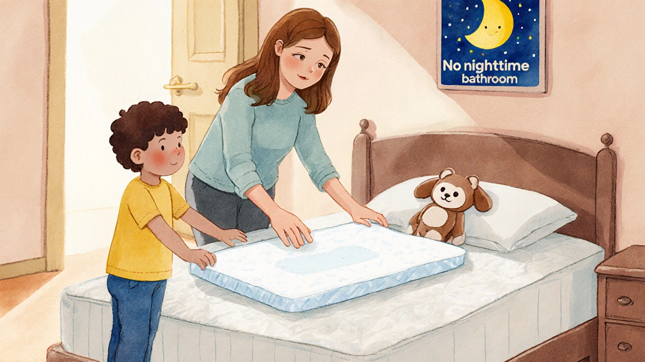 Rodič pokládá vodotěsnou podložku do postele, dítě pozoruje s úsměvem, klidná atmosféra.