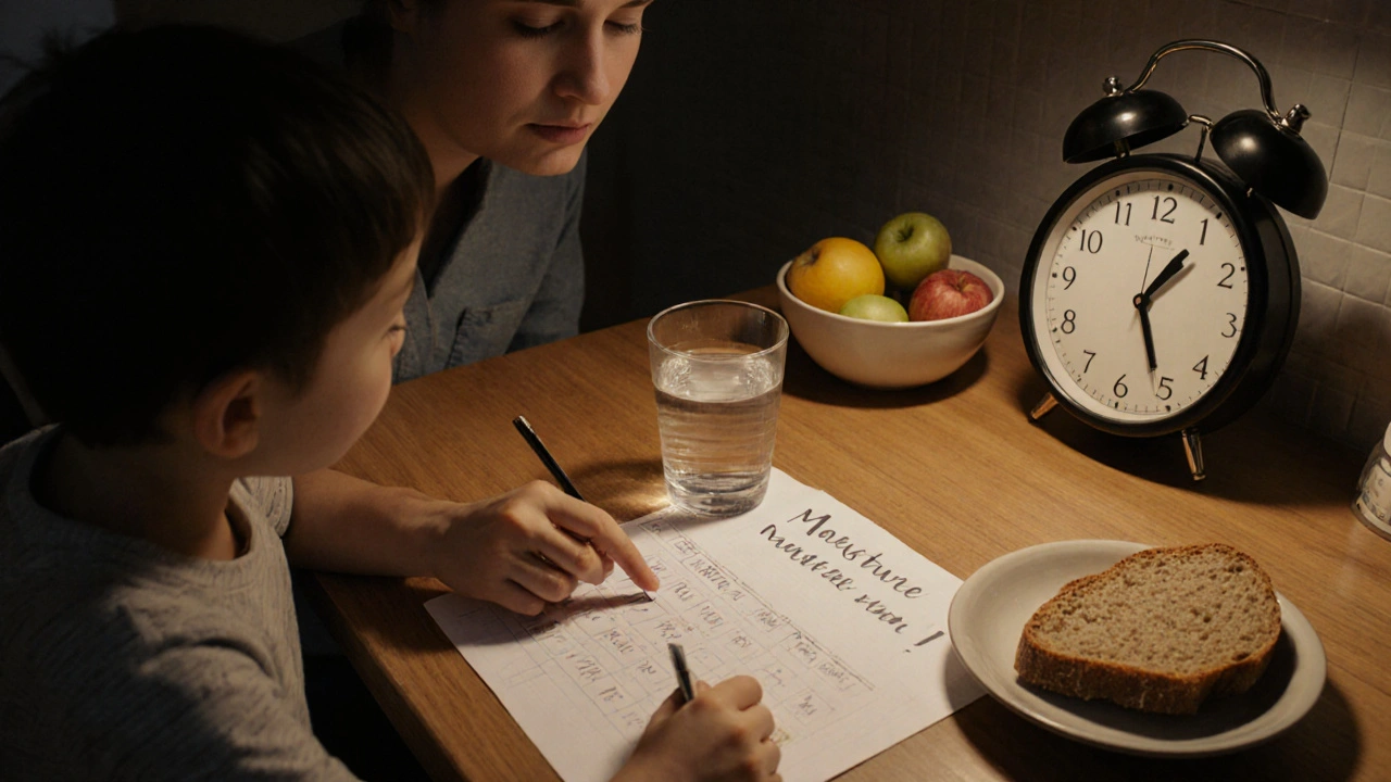 Rodiče a dítě společně zapisují večerní návyky do kalendáře močení v kuchyni.