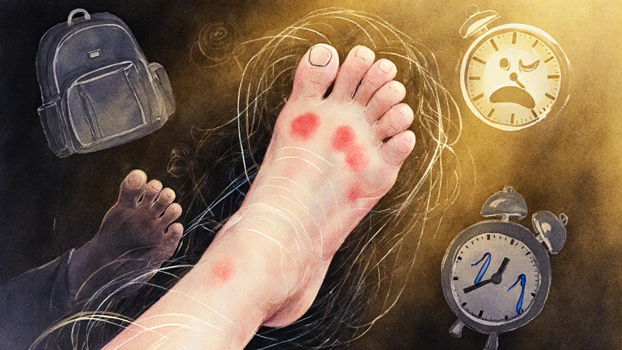 Ruka a noha dítěte s jemnými červenými skvrnami a přechodnými čárami symbolizujícími stresové hormony.