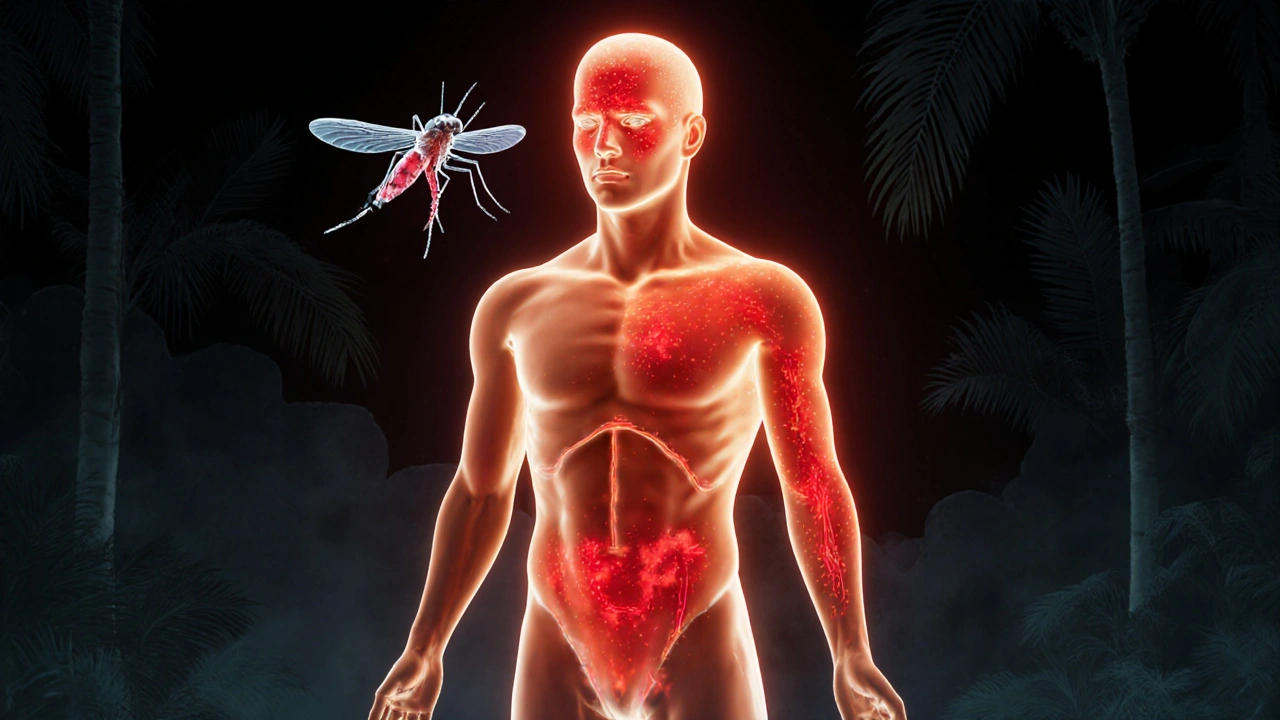 Schematický obraz těla s označenými příznaky dengue a komárem Aedes aegypti.