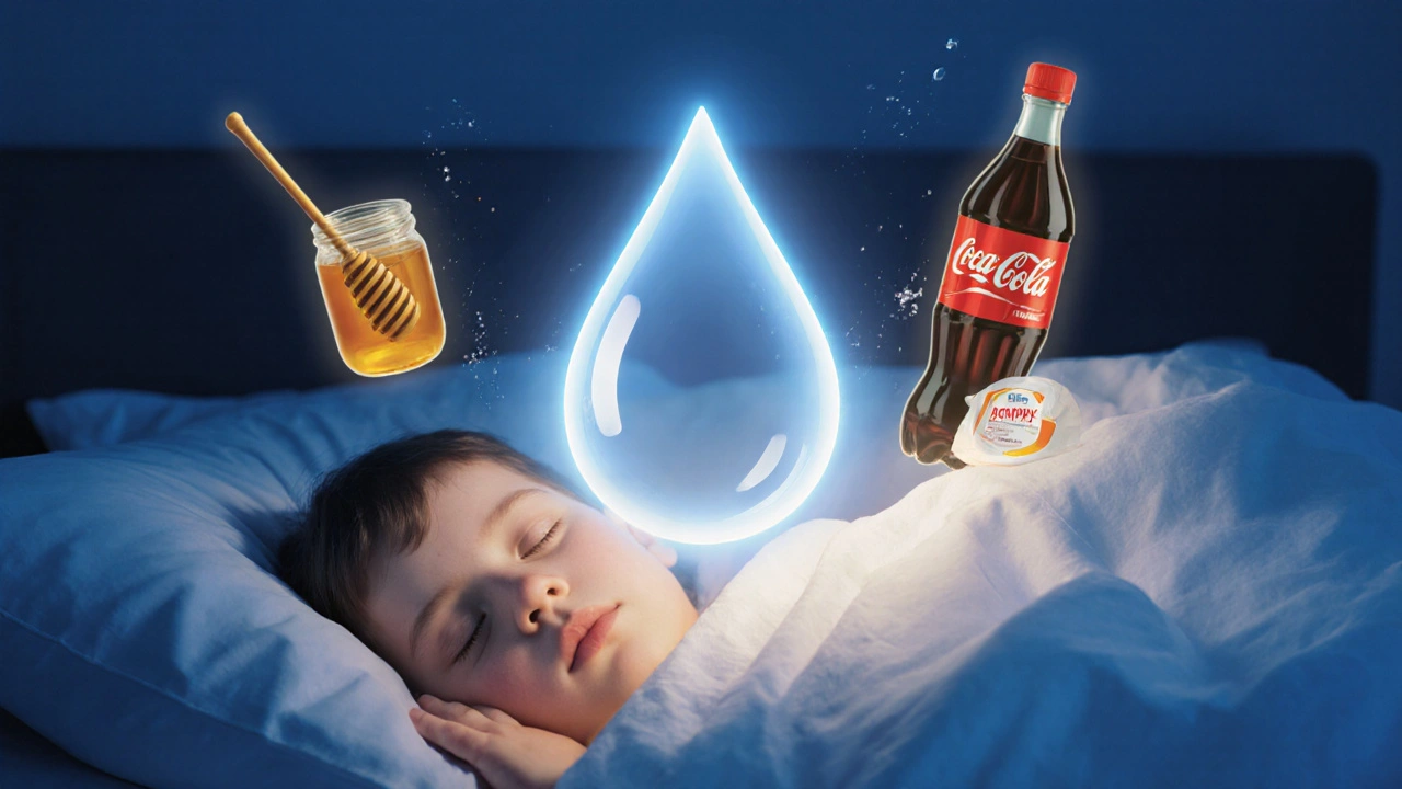 Spící dítě s kapek vody jako ochrannou aura, zatímco nebezpečné látky mizí.