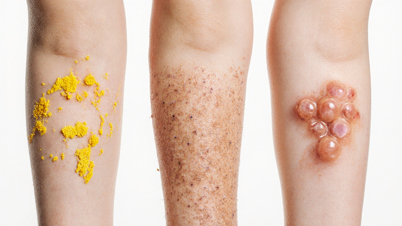 Srovnání tří typů kožních vyrážek u dětí: impetigo, ekzém a herpes.