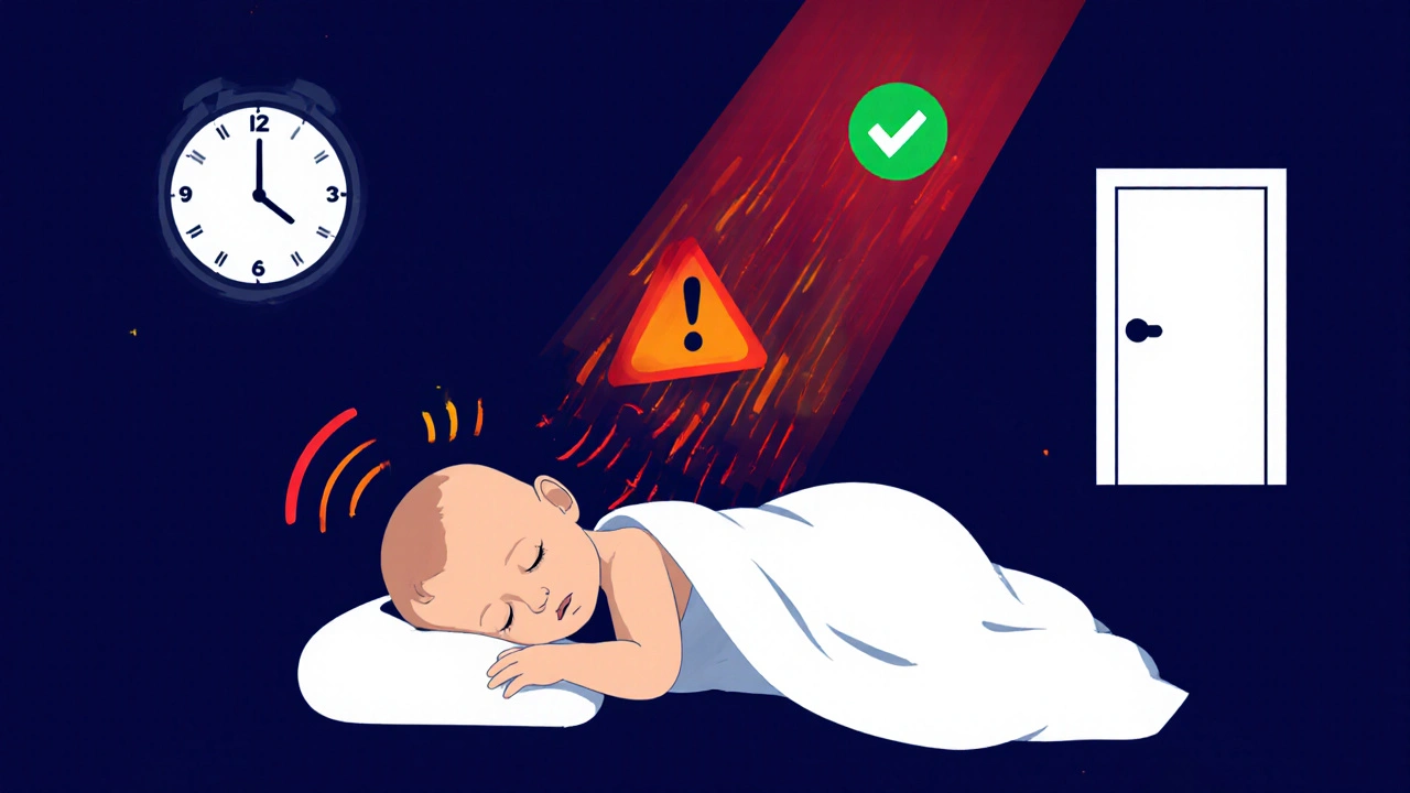 Symbolický obraz kojence s teplotními indikátory a varovnými značkami kolem těla.