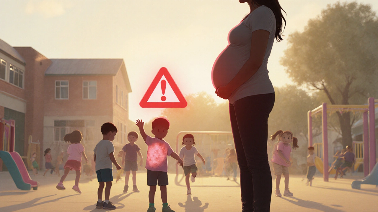 Těhotná žena pozoruje děti ve škole, nad její břicho se objevuje červené varování.