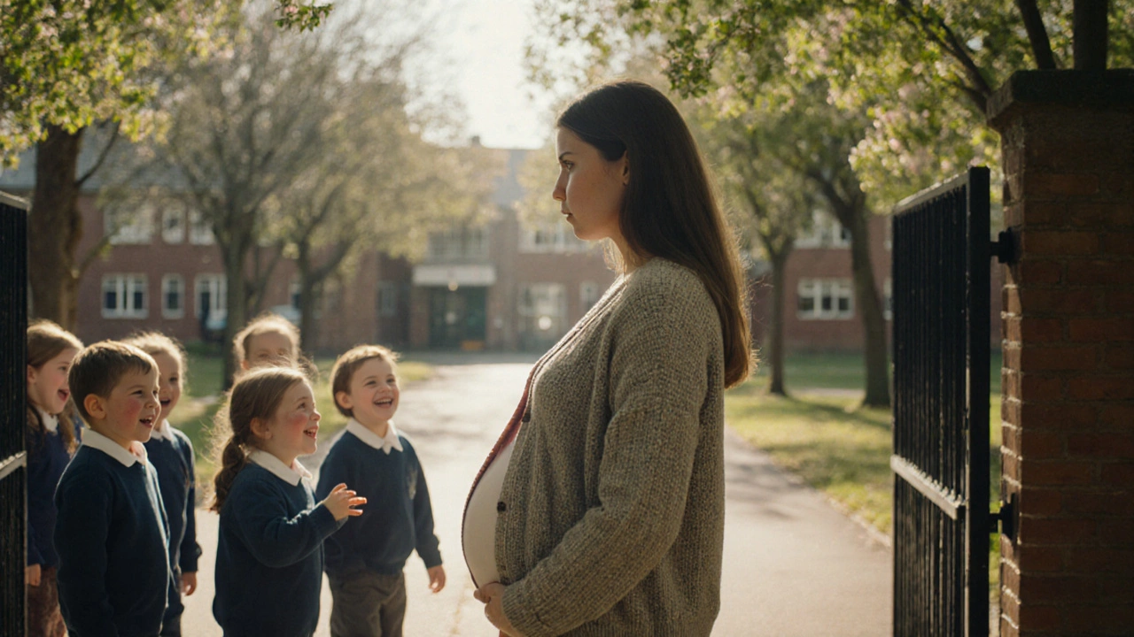 Těhotná žena pozoruje děti ve školním dvoře, opatrně si zachovává vzdálenost