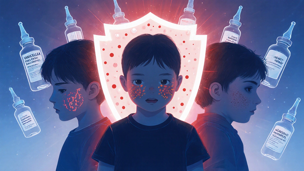 Tři typy kožních vyrážek vedle sebe, s očkovacími lahvičkami jako ochranou.