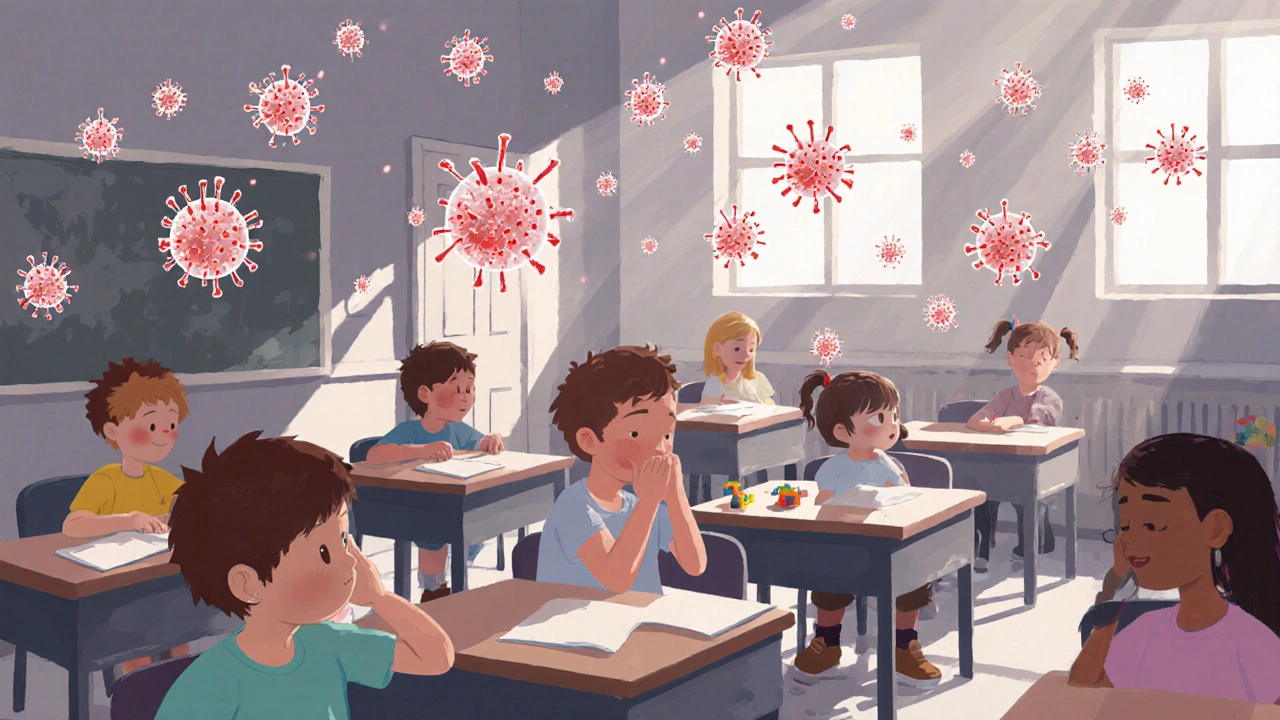 Viry se šíří mezi dětmi ve třídě, viditelné jako částice ve vzduchu.