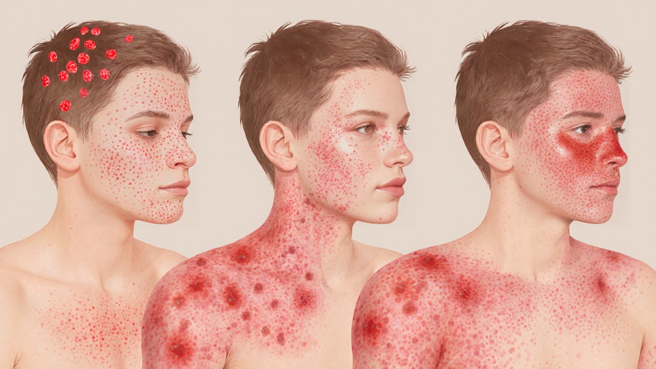 Vyrážka z neštovic: hladké červené skvrny šířící se z obličeje po těle, bez svědění.