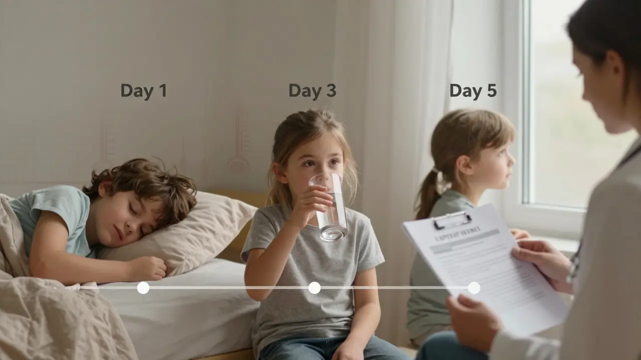 Chronologický přehled horečky u dítěte od prvního dne až po návštěvu lékaře.