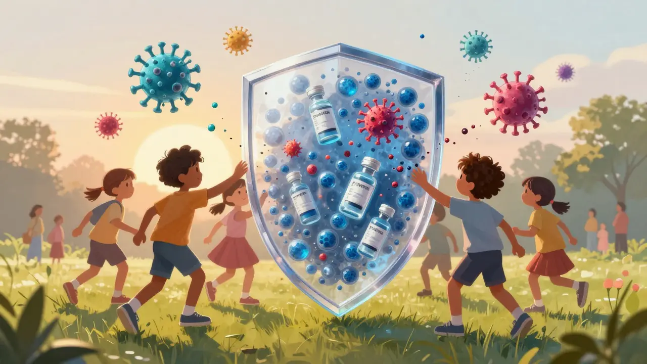 Děti hrající venku pod ochranným štítem z očkovacích molekul, viry se rozbíjejí.