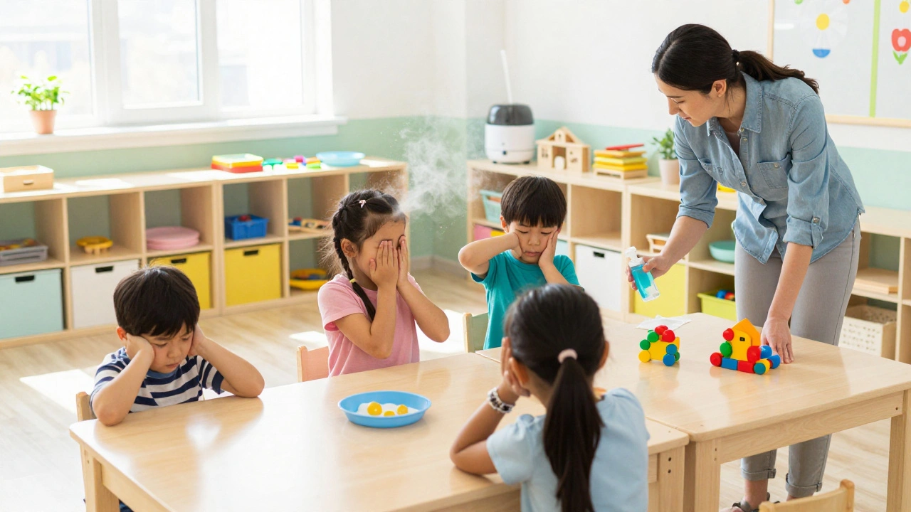 Děti ve školce učí se kašlat do lokte, učitelka čistí hračky.