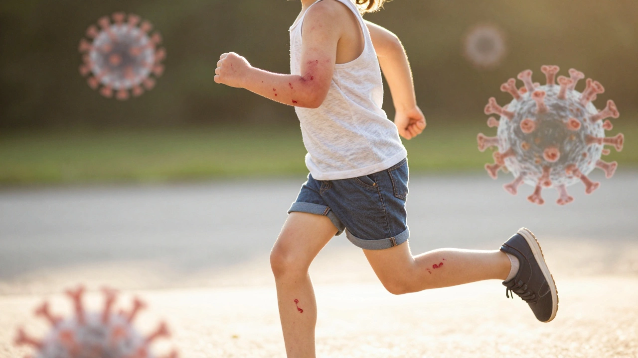 Dítě běží na slunci, s jemnou vyrážkou, symbolizující reakci kůže na teplo.