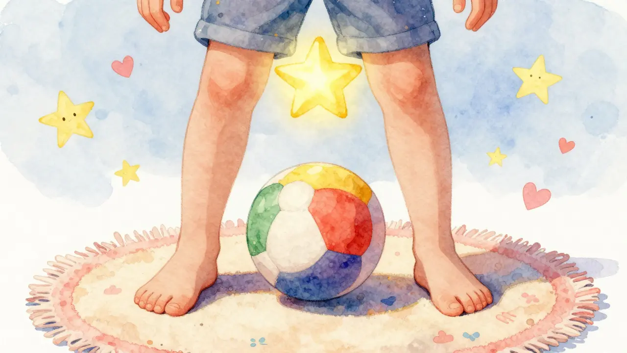 Dítě hraje s malou koulí mezi nohama, nad hlavou se objevuje zářivá hvězdička.