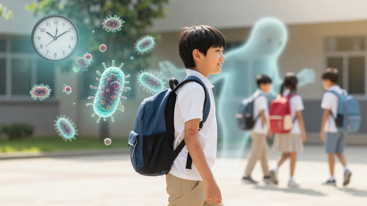 Dítě jde zpět do školy, za ním postupně mizí bakterie po 24 hodinách léčby.