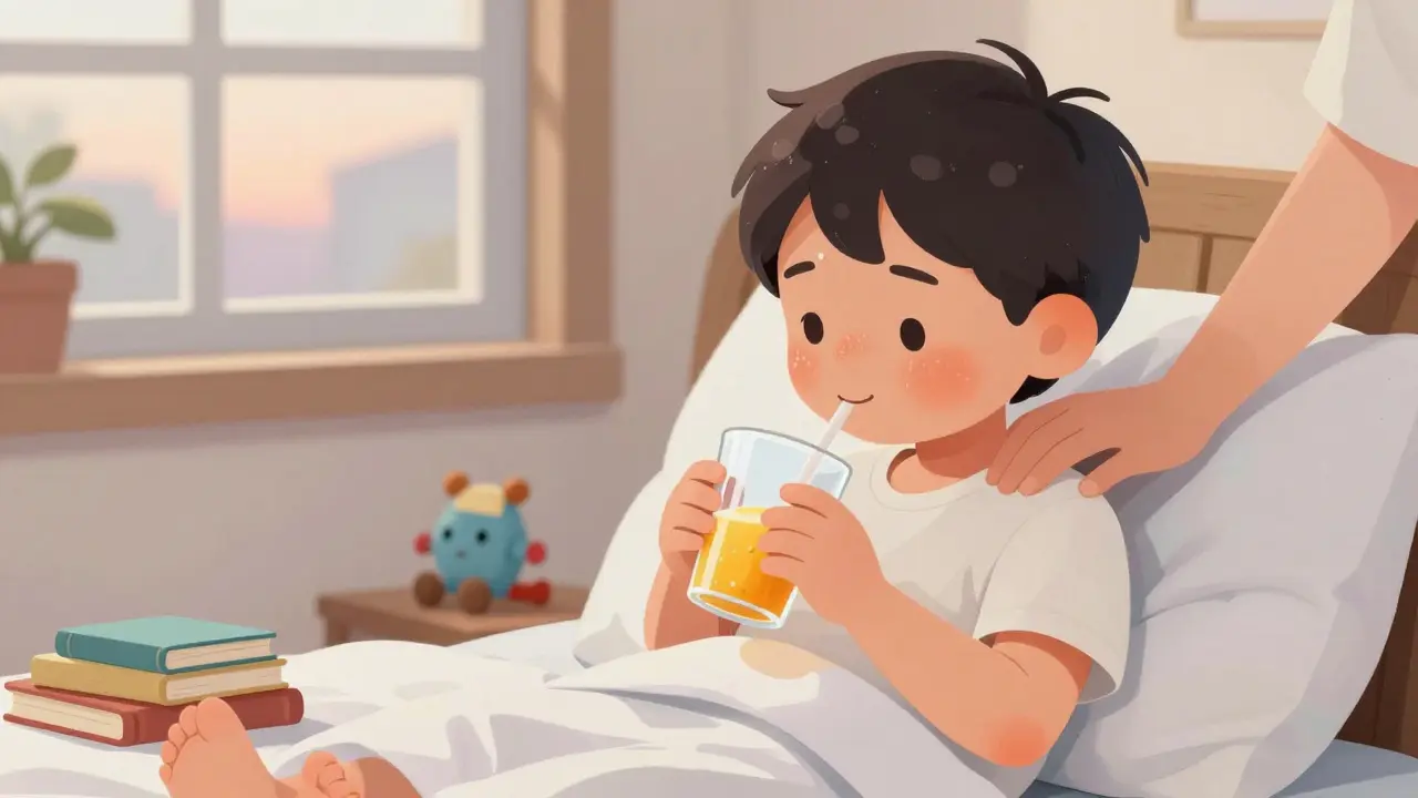 Dítě pije ředěný džus v posteli, v pohodě a s úsměvem.