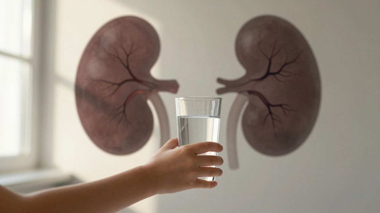 Dítě pije vodu, za ním stín poškozené ledviny jako symbol nebezpečí.