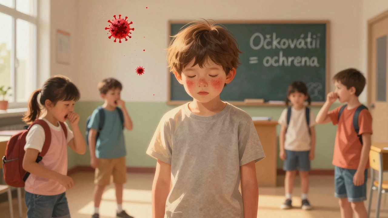 Dítě s jemnou červenou vyrážkou stojí v školní chodbě, kolem něj neviditelné viry jako červené částice.