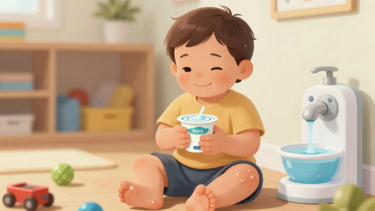 Dítě s puchýřky na rukách a nohou jí chladný jogurt, kolem něj hračky.