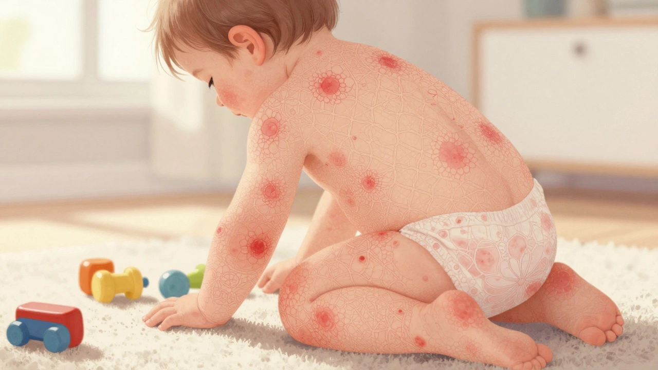 Dítě s síťovitou červenou vyrážkou na pažích a nohách, hraje si doma.