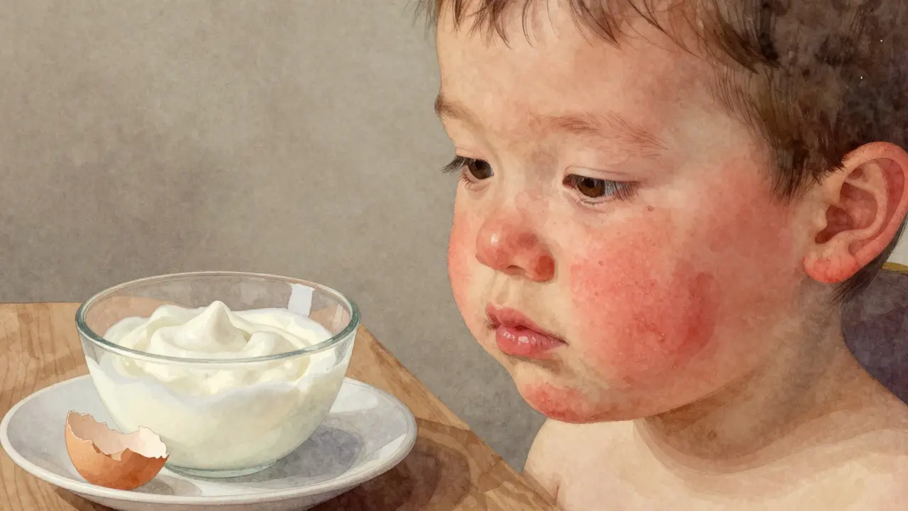 Dítě s suchou červenou vyrážkou na obličeji, vedle něj jsou jogurt a vajíčko.