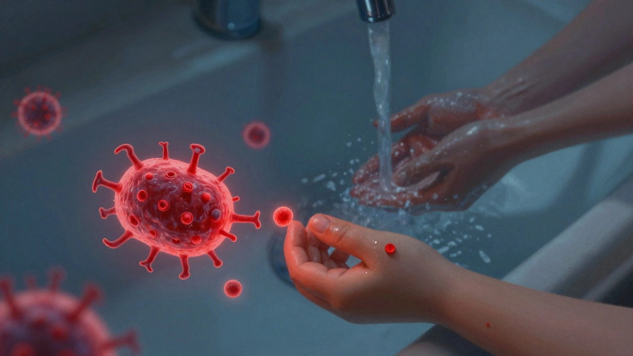 Dítě se dotýká hračky, zatímco bakterie přecházejí na kůži, zatímco dospělý myje ruce.