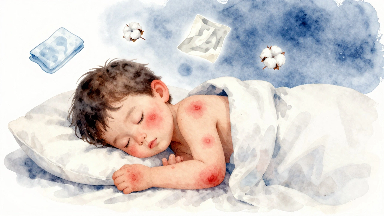 Dítě spí, jeho kopřivka se mění v mlhu, symbolizující přirozené zhojení.