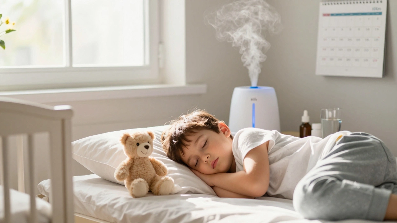 Dítě spí klidně v posteli po uzdravení, slunce svítí do pokoje, v pozadí je vlhčič vzduchu a měkká hračka.