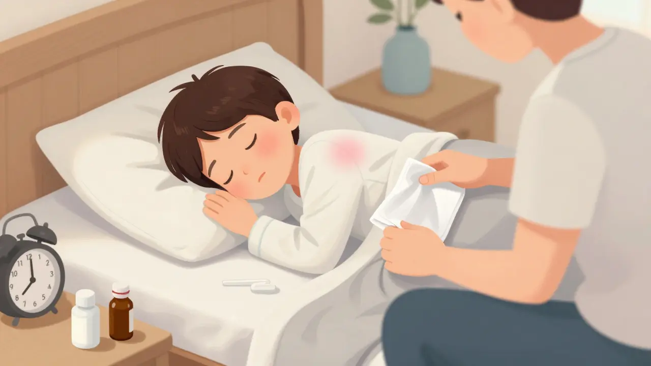 Dítě spí v posteli s jemnou vyrážkou, rodič sedí vedle něj.