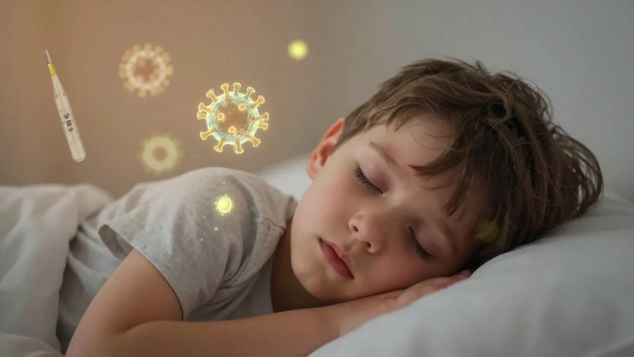 Dítě spí, zatímco kolem něj plavou světelné viry jako světélkování.