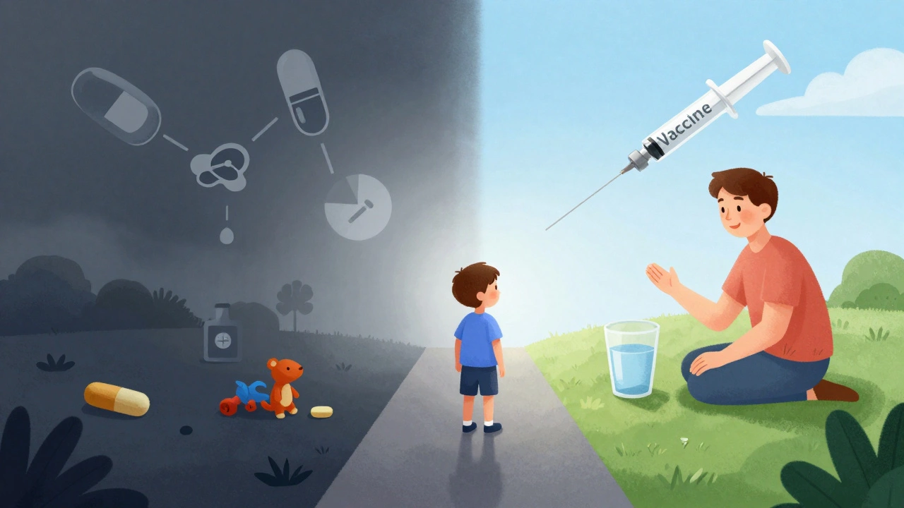 Dítě stojí mezi dvěma cestami: jedna vede k nemocnici, druhá k zdraví a očkování.