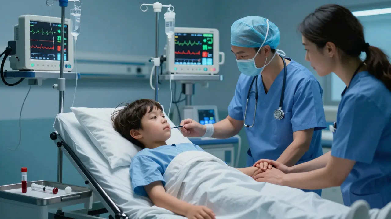 Dítě v nemocniční pohovce s infuzí, lékař měří vitalní funkce, matka drží jeho ruku.