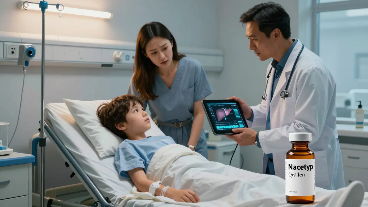 Dítě v nemocničním lůžku s IV a rodiči u postele.