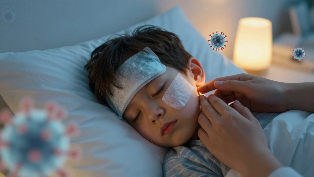 Dítě v posteli s chladným obkladem na tváři, rodič ho podporuje, viry jsou viditelné jako průhledné částice