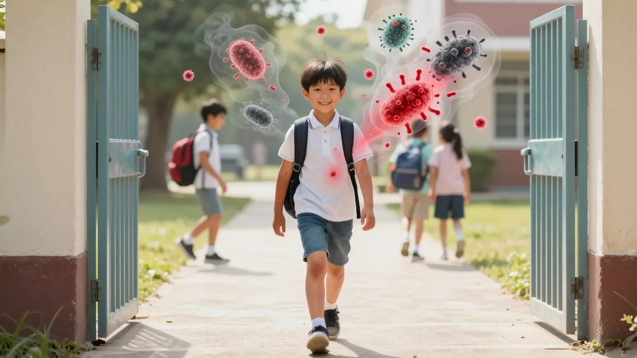 Dítě vrací se do školy po 24 hodinách léčby, vyrážka bledne, bakterie se rozptylují jako kouř.