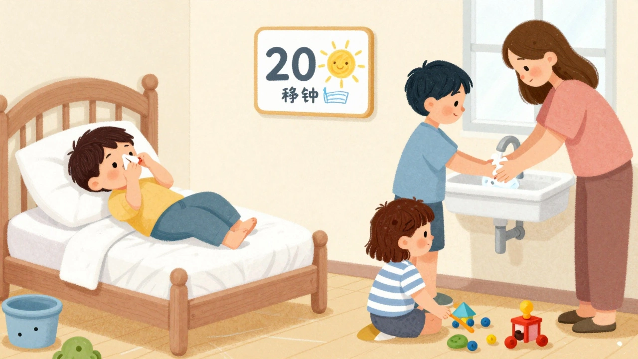 Dvě děti v pokoji, jedna nemocná, druhá hraje, rodič si myje ruce.