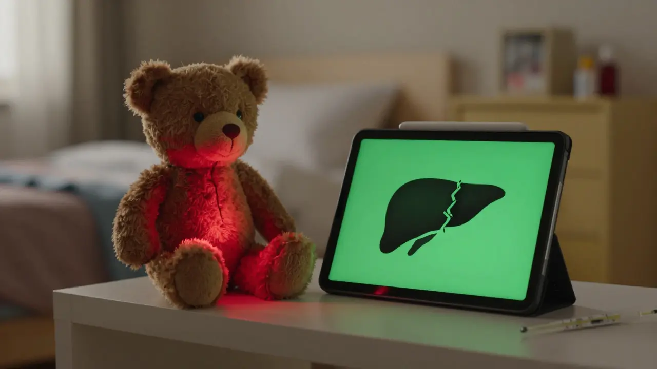 Hračkový medvídek vedle dvou tablet Paraleny s obrázkem poškozené játry.