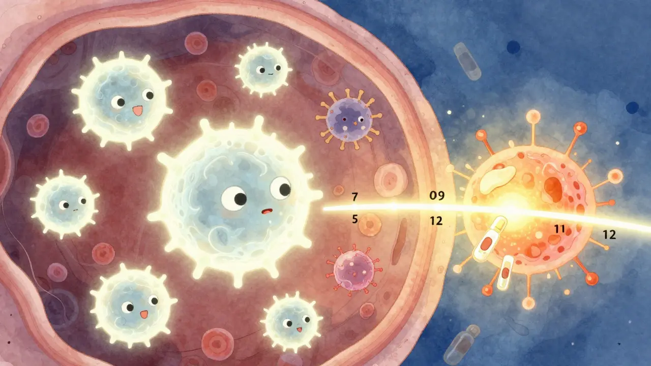 Ilustrace imunitního systému, jak trénuje proti oslabeným virům po očkování MMR.
