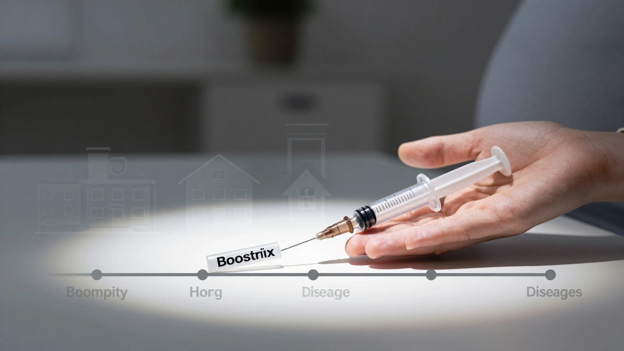 Injekce Boostrix na časové ose, která přechází z dětství přes dospělost k těhotenství.