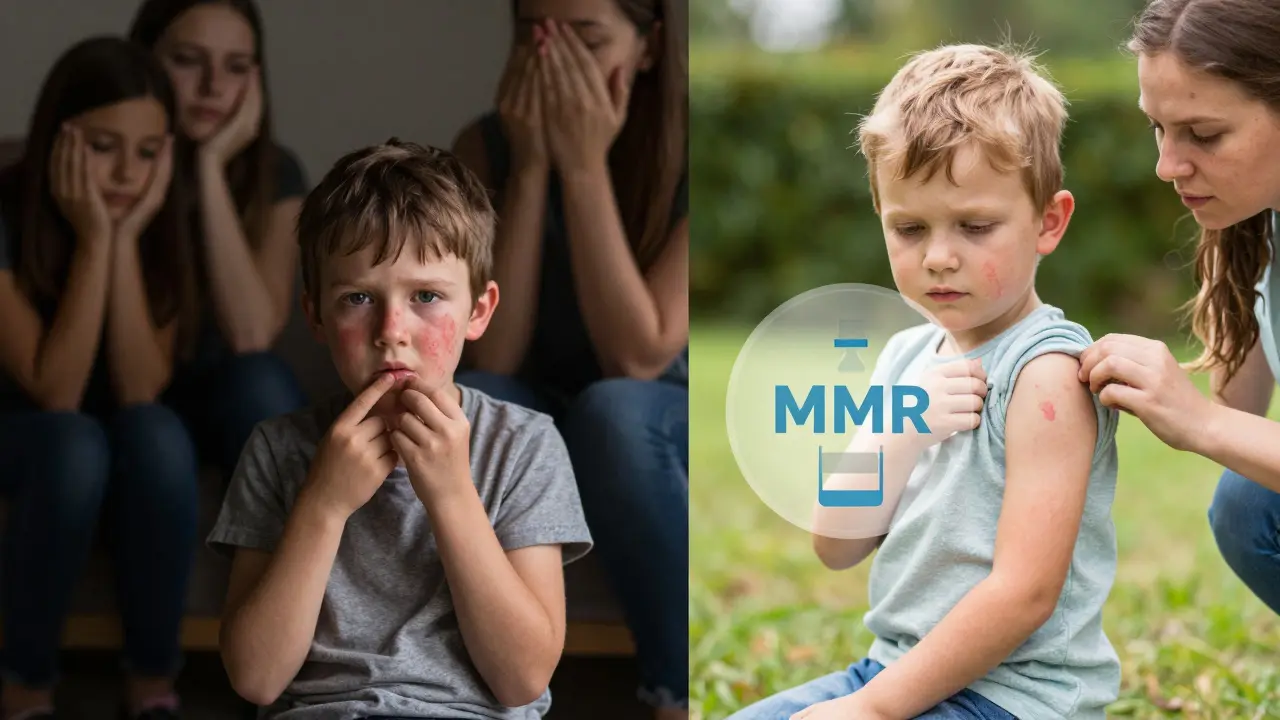 Kontrast mezi dítětem s pravými spalničkami a dítětem po očkování MMR.