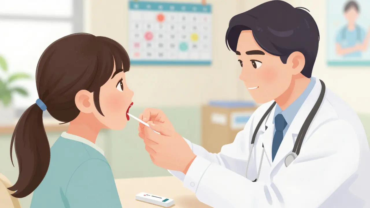 Lékař vyšetřuje dítěti krk, viditelné bílé skvrny na mandlích, na pozadí rychlý test na streptokok.