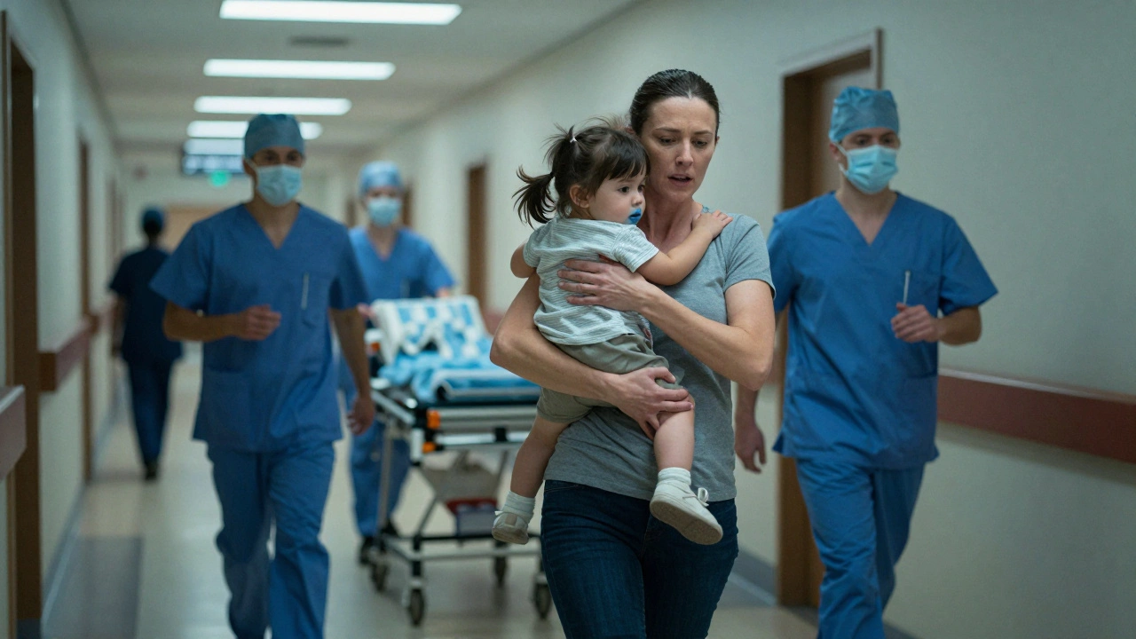 Matka běží s dítětem do pohotovosti, dítě má modré rty, personál připravuje nouzové vyšetření.