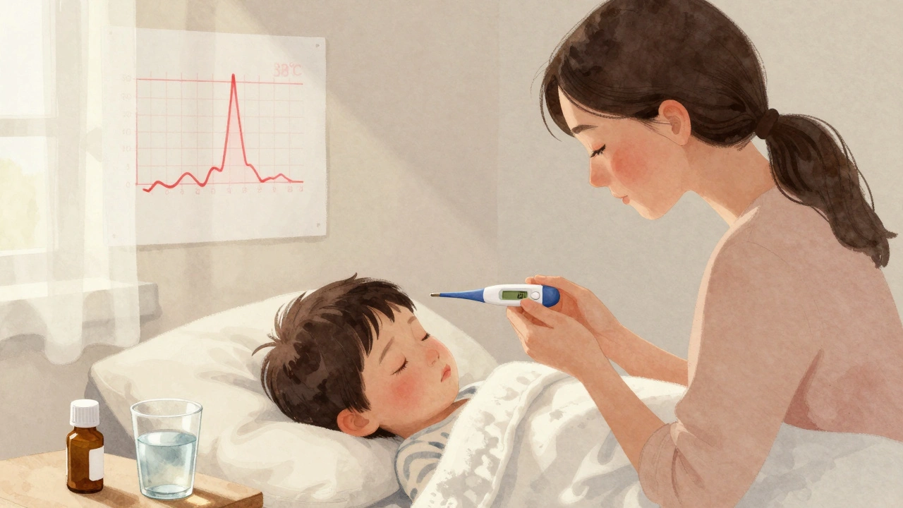 Matka měří teplotu dítěti po křeči, v pozadí termometr a sklenice vody.