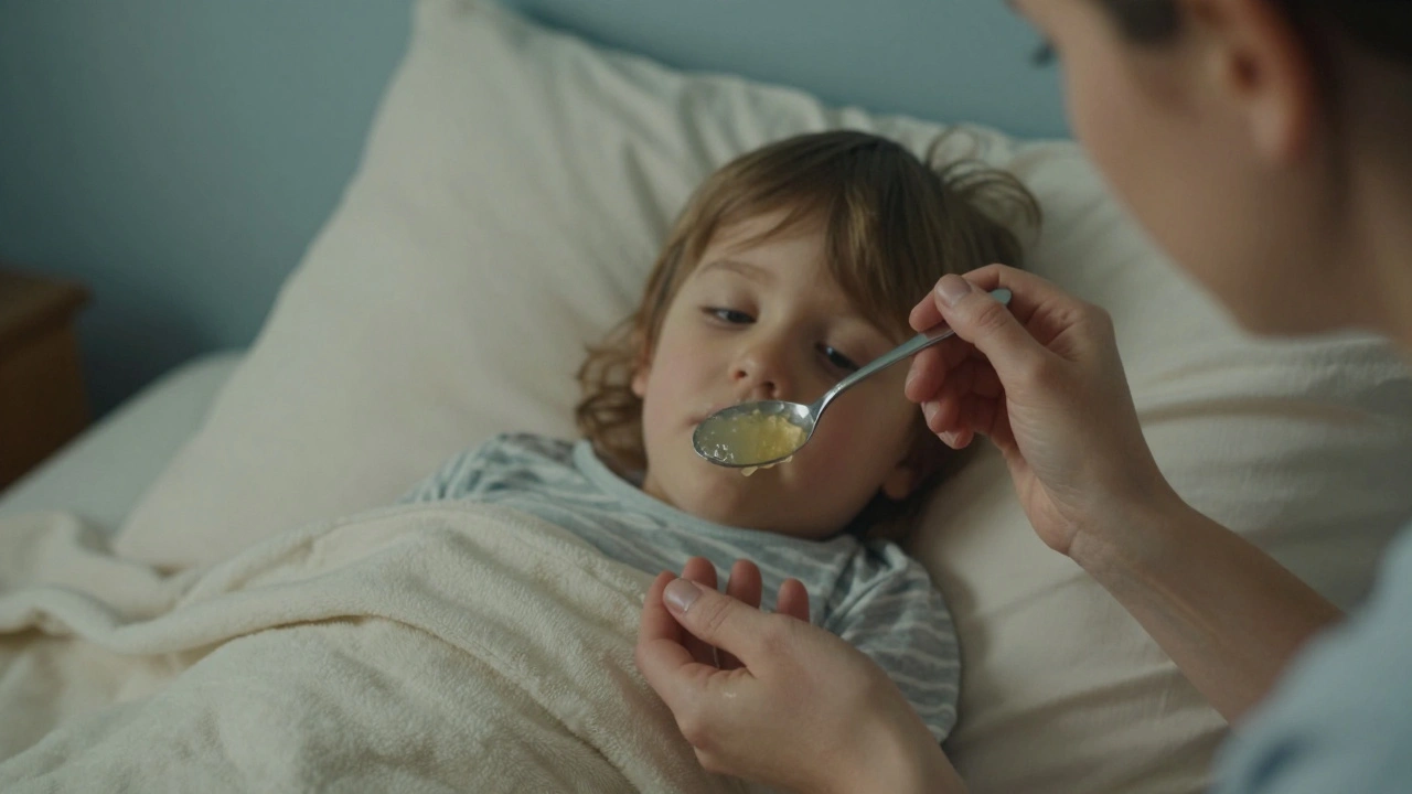 Matka podává dítěti želé z lžíce v posteli.
