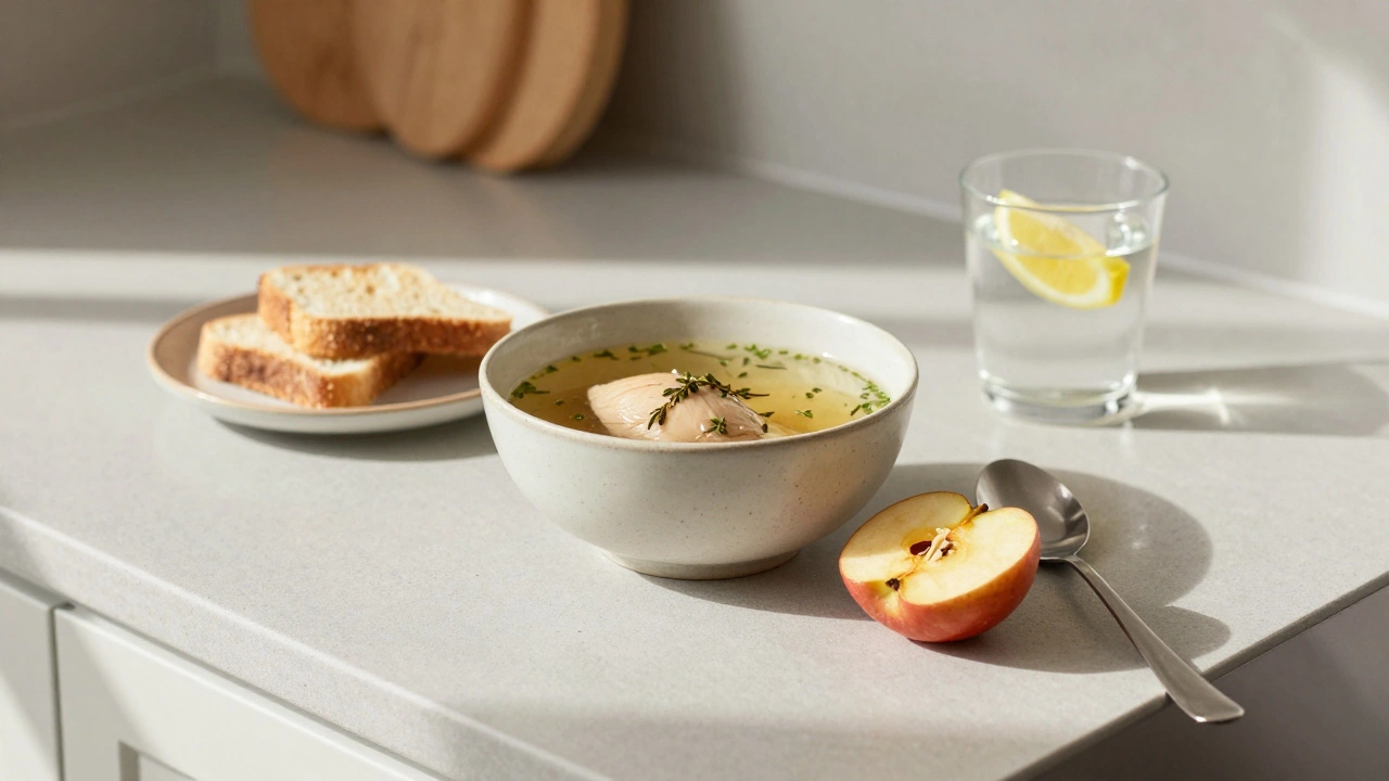 Na stole jsou jednoduché potraviny při horečce: vývar, rýže, pečené jablko a toast.