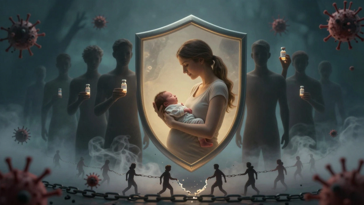 Ochranný štít z lidí s vakcínami obklopuje těhotnou ženu a novorozence, za nimi se mračna infekcí rozptylují.