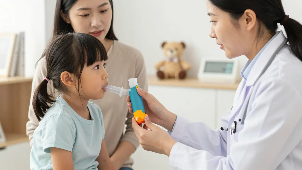 Pediatr ukazuje dítěti, jak používat inhalátor se spárou v klinice, zatímco rodič pozoruje.